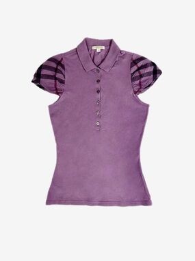 Burberry Purple Polo Top with Plaid Cap Sleeves